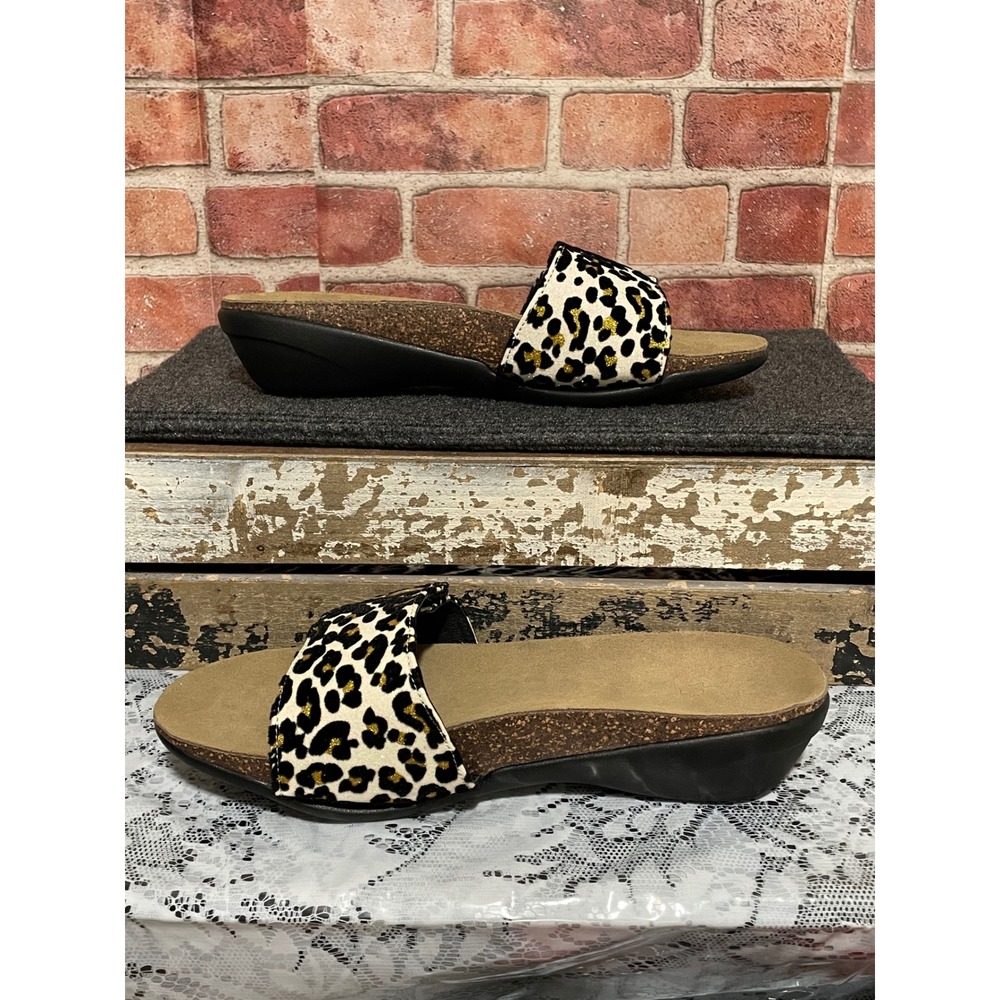 Bandals Miranda Leopard Print Glitter Slide Sandals Black Gold Wedge Large 10-11